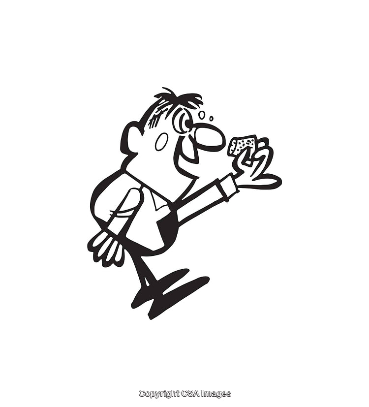 Cartoon Illustration of a Man Holding a Small Object with Enthusiasm