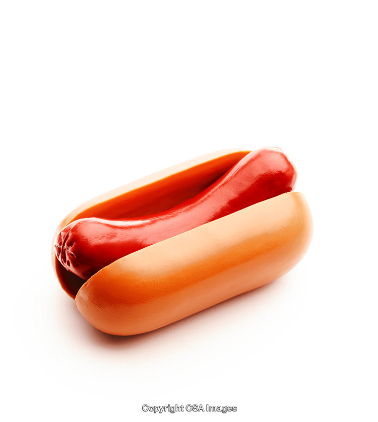Plastic Toy Hotdog with Bright Red Sausage and Bun on White Background