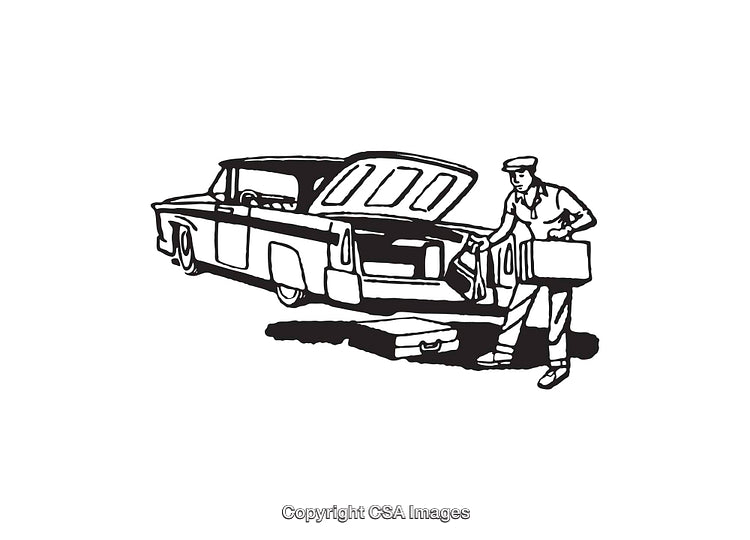 Black and White Line Art of Man Packing Luggage into a Car