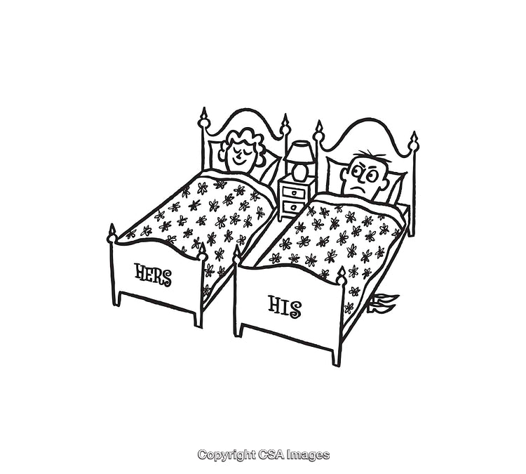 Humorous Illustration of a Couple in Separate Beds with Labeled 'His' and 'Hers'