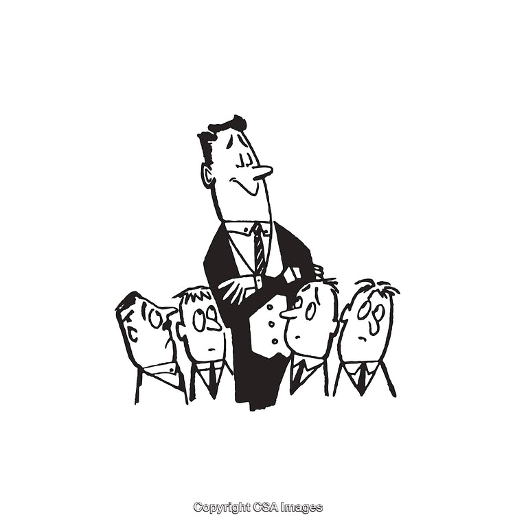 Black and White Illustration of Confident Leader with a Group of Observers