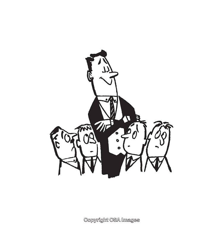 Black and White Illustration of Confident Leader with a Group of Observers