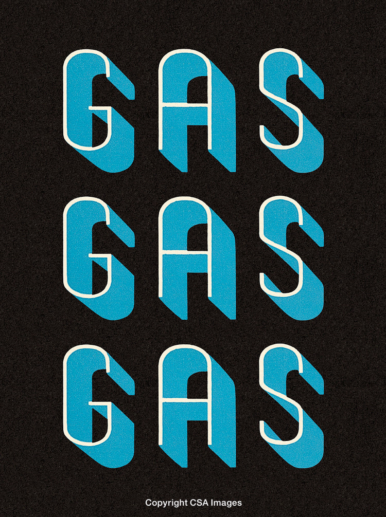Retro Styled Blue Gas Station Text Typography with Long Shadows on Black Background
