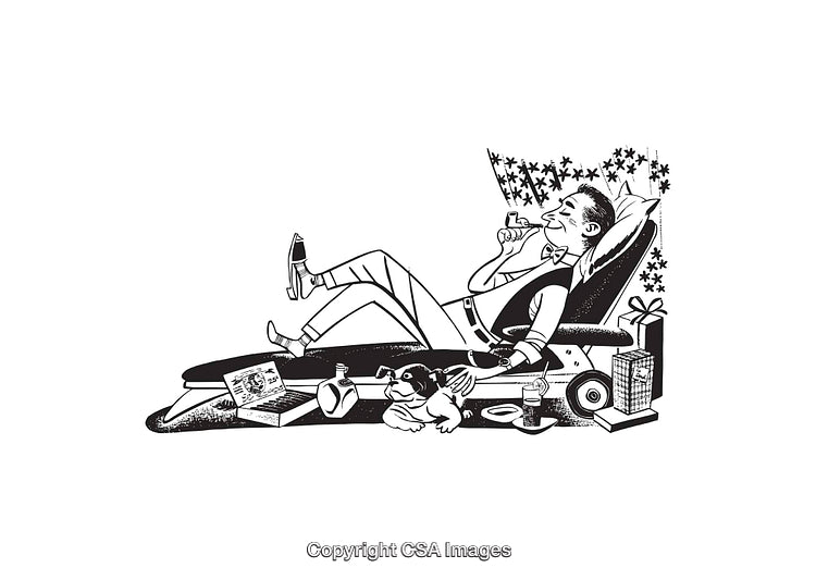 Man Relaxing With Gifts and Drinks in Black and White Illustration