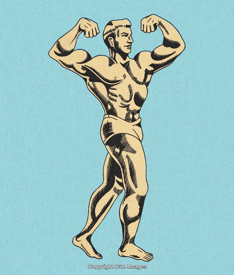 Vintage Illustration of a Strong Man Displaying Muscular Biceps and Physique