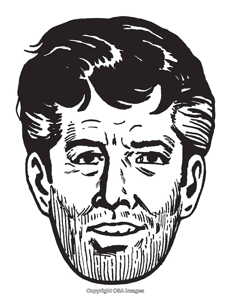 Black and White Illustrated Portrait of a Man with Distinctive Facial Lines