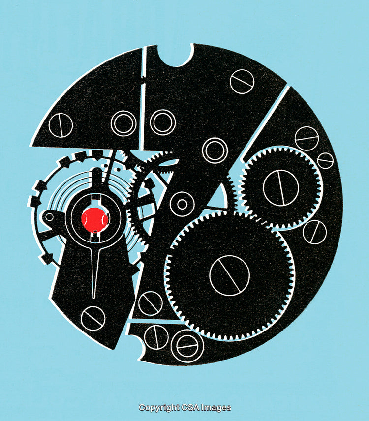 Stylized Illustration of Interlocking Mechanical Gears and Components on Blue Background