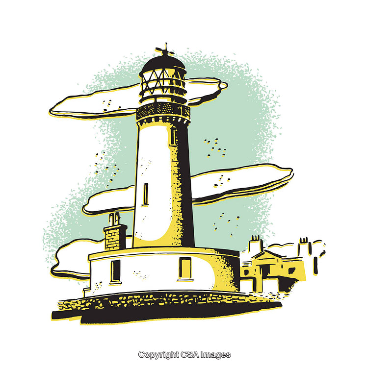 Colorful Illustration of a Lighthouse With Clouds and a Coastal Setting