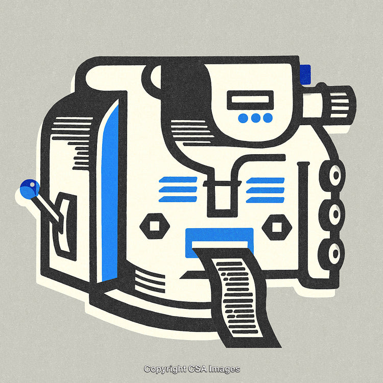 Stylized Illustration of Vintage Machine in Retro Design with Blue Accents