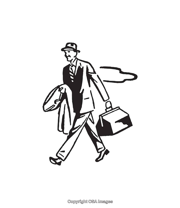 Retro Businessman Walking with Suitcase in Black and White Illustration