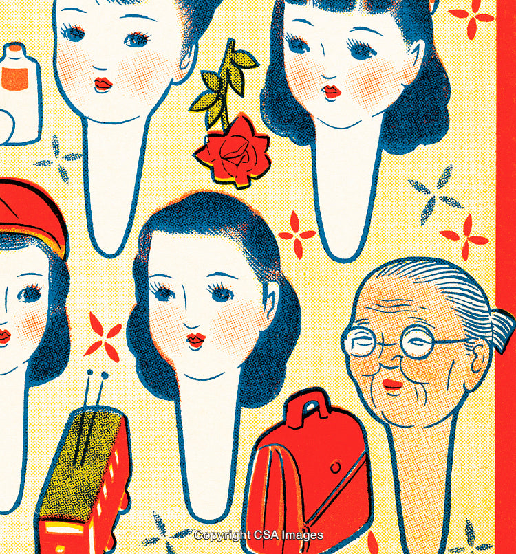 Vintage-Style Illustration of Faces and Objects in Retro Color Theme