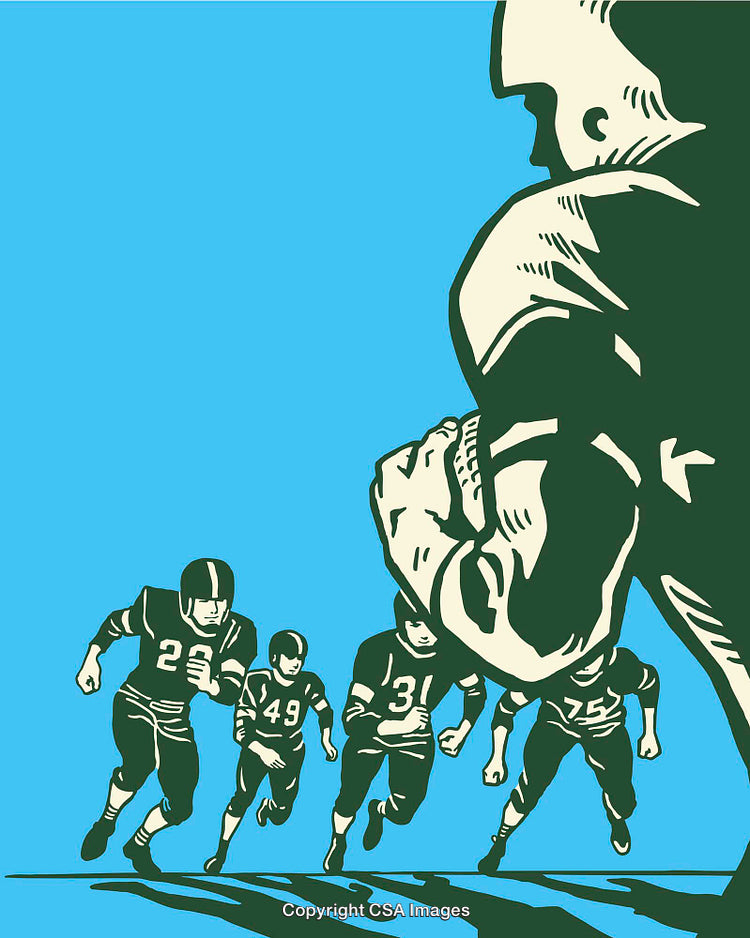 Retro Football Scene Depicting Players in Action with Dynamic Perspective