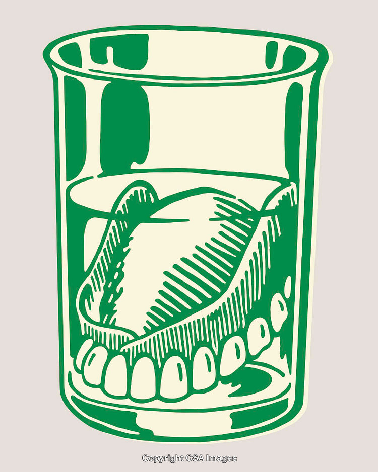 Illustration of Dentures in Glass Using Classic Line Art Style