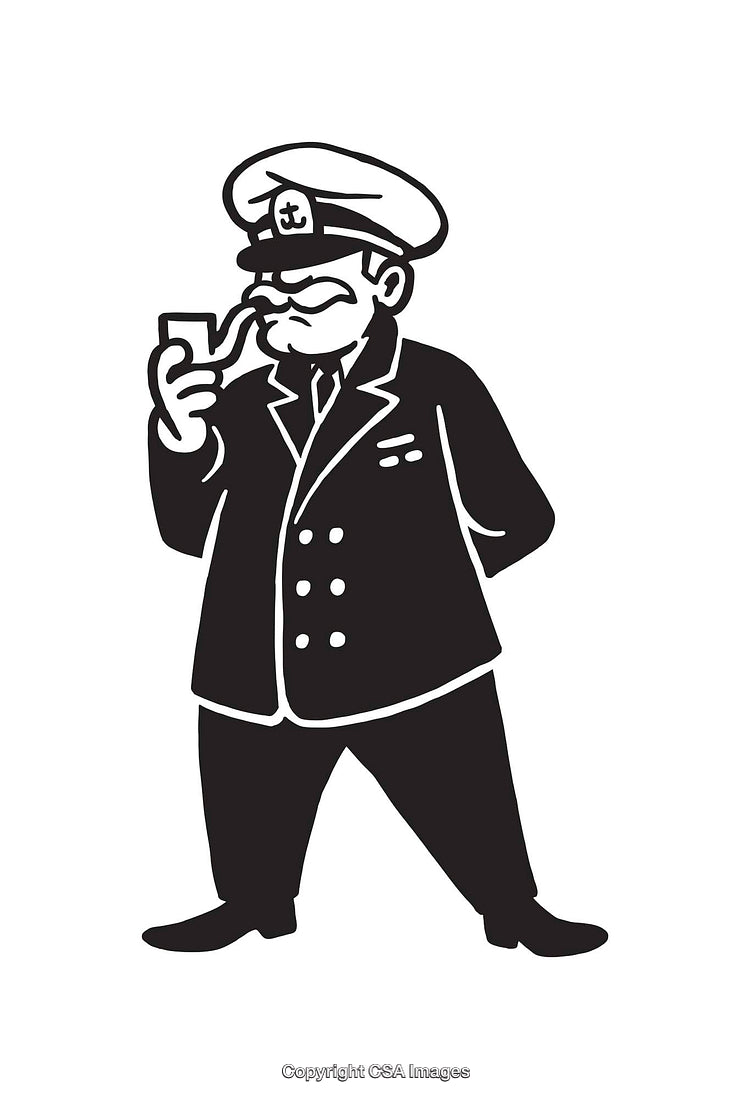Black and White Line Art Illustration of a Sea Captain Smoking a Pipe