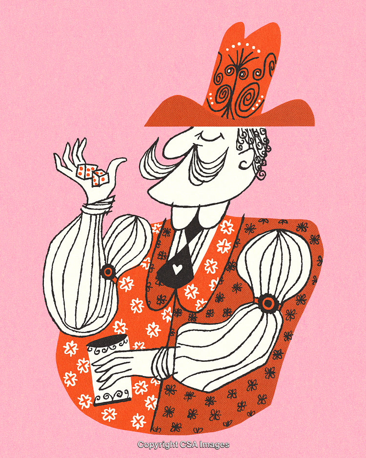 Illustration of a Whimsical Character Rolling Dice in a Vibrant Setting