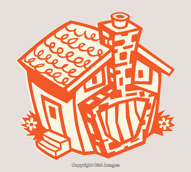 Whimsical Orange Line Drawing of a Quaint Cottage with Chimney
