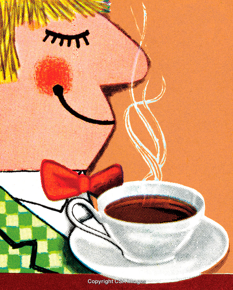 Illustrated Portrait of a Smiling Person Enjoying a Fresh Cup of Coffee