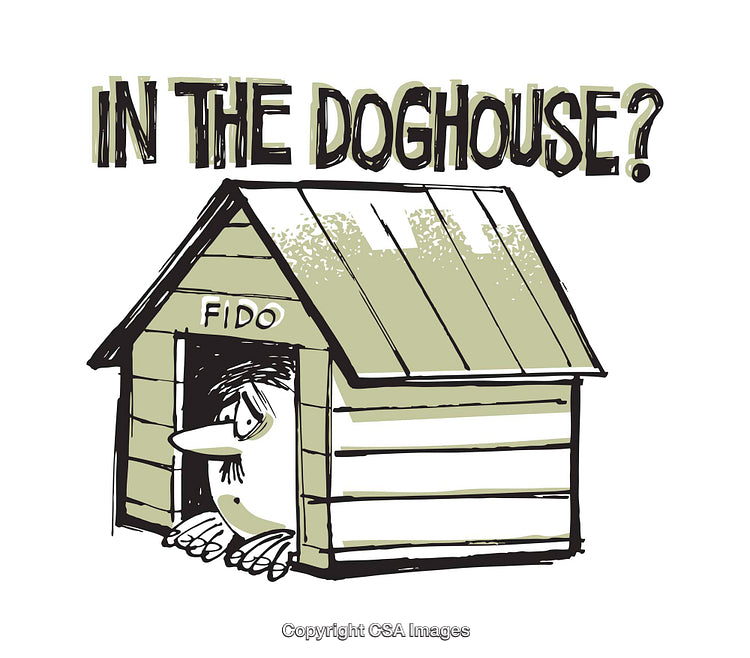 Humorous Illustration of a Man in a Doghouse Showing Regret