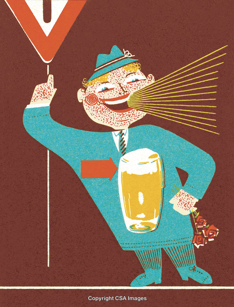 Illustrated Character with Beer Theme and Playful Imagery in Retro Style