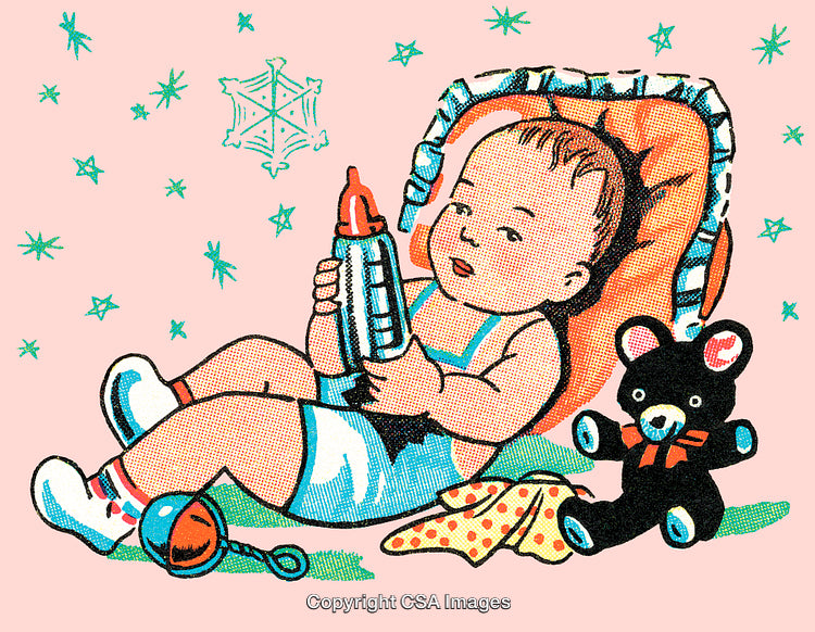 Vintage Illustration of a Baby with Toys and a Bottle on Pink Background