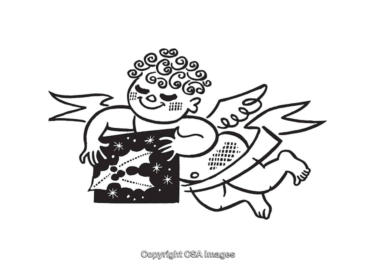 Cherubic Angel Holding Festive Decorative Box in Line Art Style