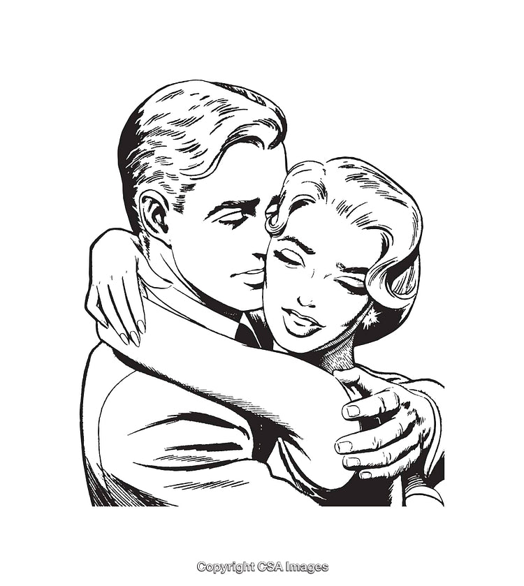 Romantic Couple in a Loving Embrace Black and White Line Art Drawing