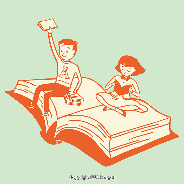 Children Enjoying Reading Together on an Illustrated Open Book
