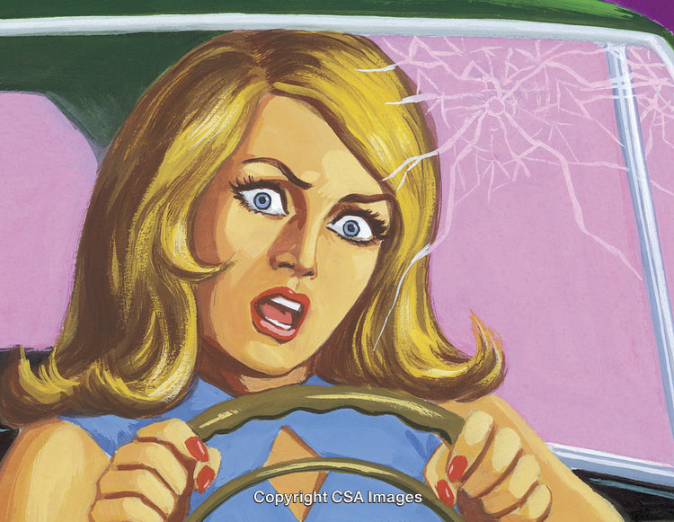 Shocked Woman Driving Car with Cracked Windshield in Pop Art Style
