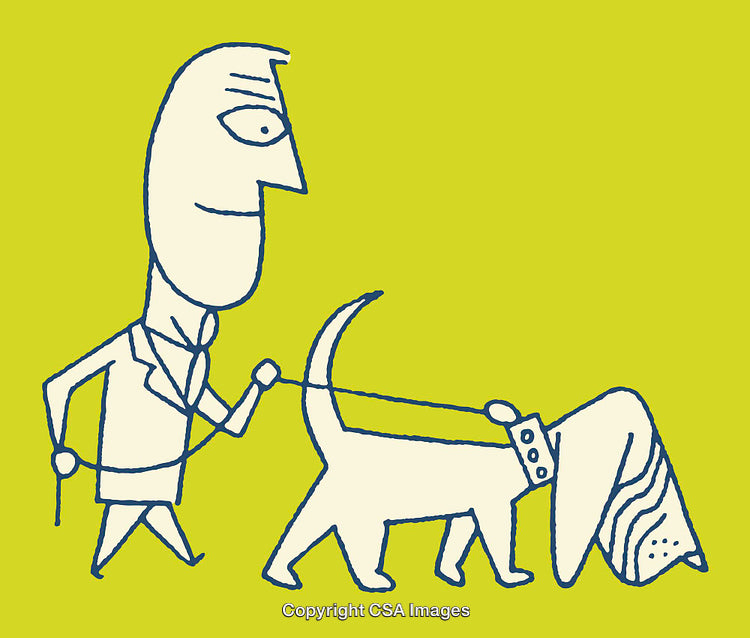 Line Art Illustration of a Man Walking a Dog on a Leash