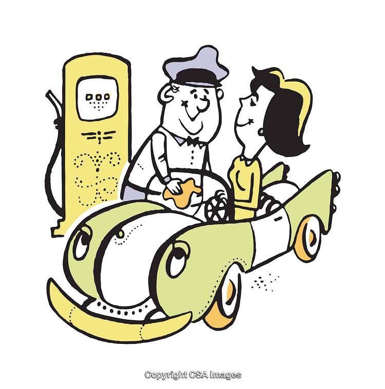 Retro Illustration of Fuel Pump Attendant Assisting a Driver at Vintage Station