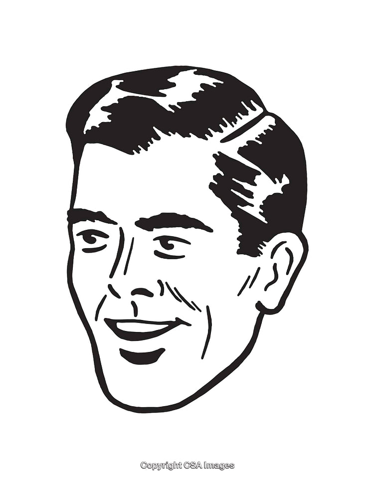 Retro Black and White Male Face Line Art Illustration