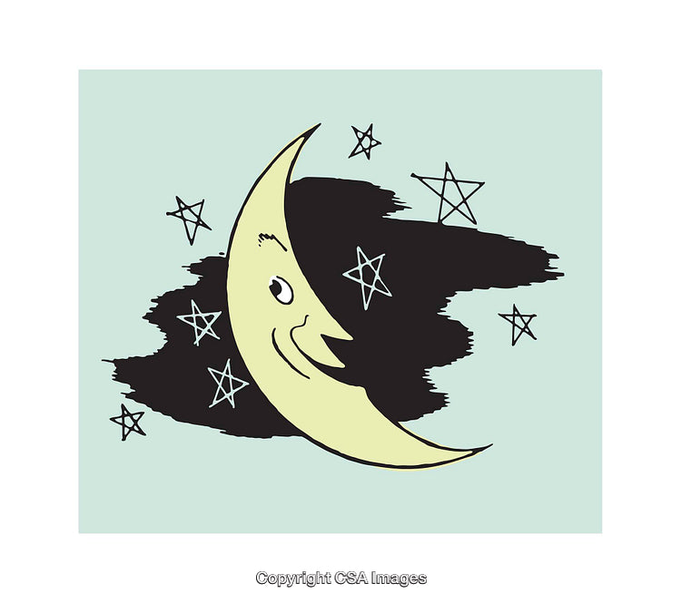 Whimsical Cartoon Moon Illustration with Stars in a Night Sky Scene