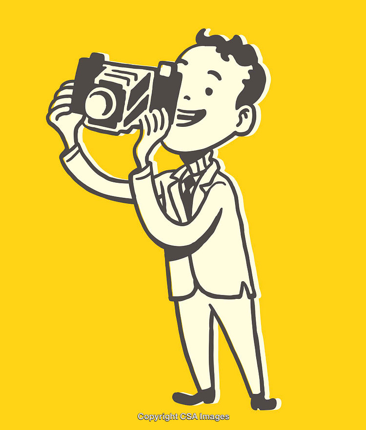 Retro Cartoon Character With Vintage Camera on Vibrant Background