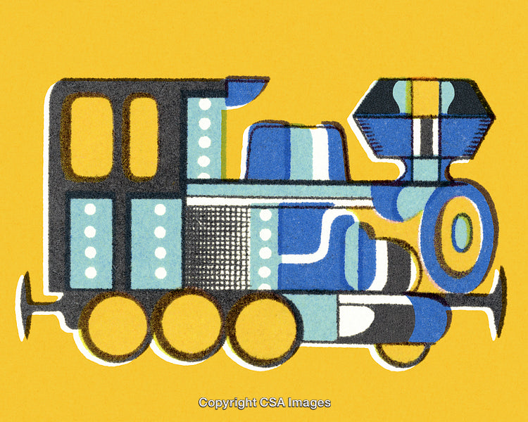 Colorful Geometric Illustration of a Train Against a Bright Yellow Background