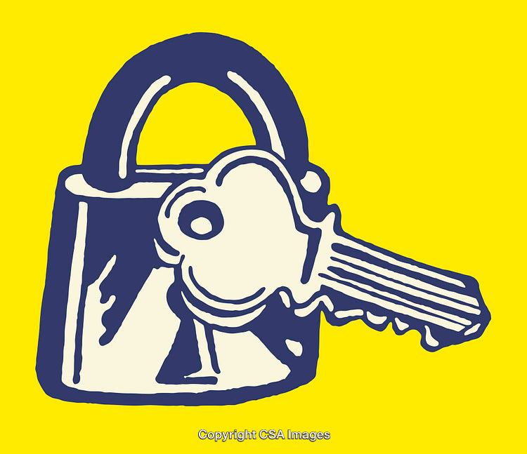 Illustration of a Key and Lock in Pop Art Style on Yellow Background