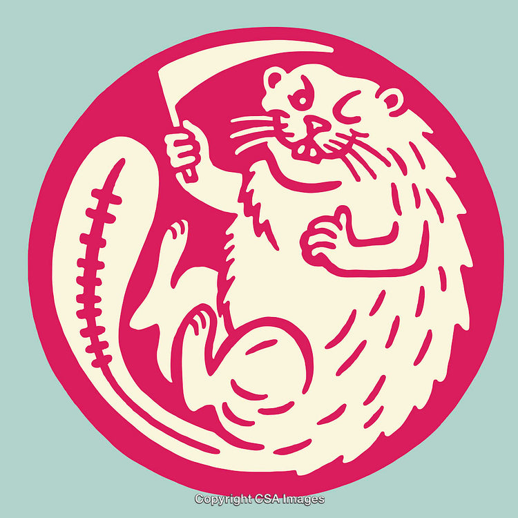 Playful Beaver Illustration with Scythe in a Circular Composition