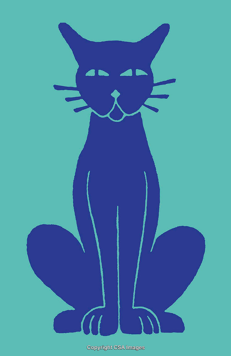 Blue Silhouette of a Sitting Cat on a Turquoise Background