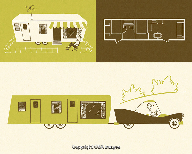 Retro Illustration of a Trailer Home Interior and Exterior Design Layout