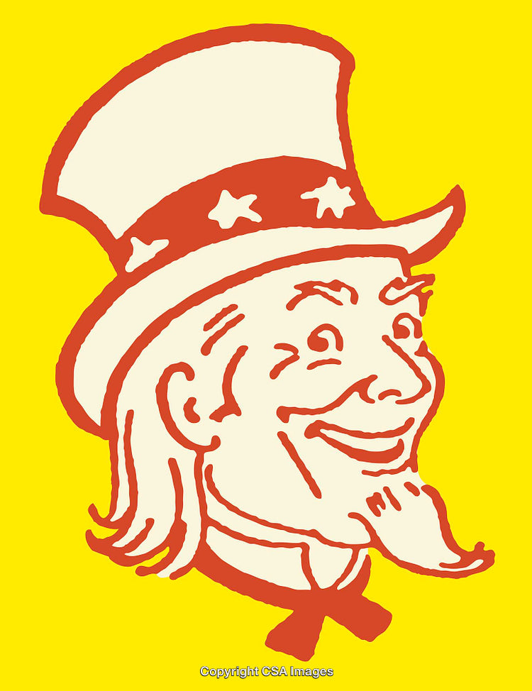 Vintage Drawing of Smiling Figure in Patriotic Hat on Yellow Background