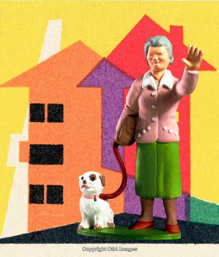 Colorful Scene Featuring a Toy Woman and Dog Against a Vibrant Background