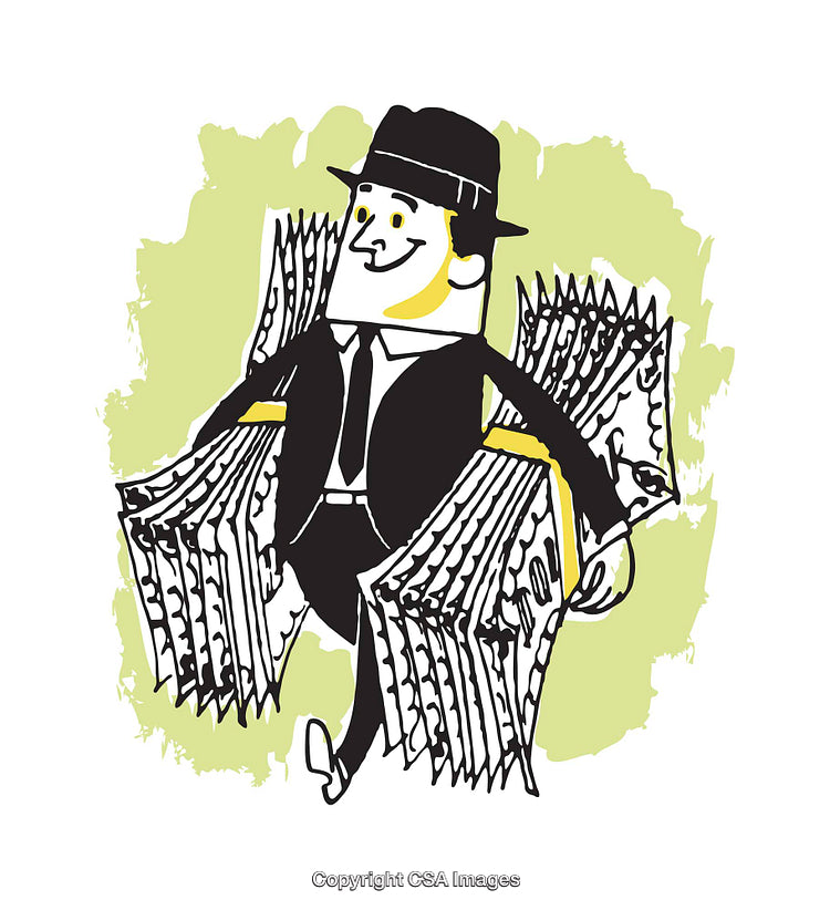 Illustration of a Cheerful Vendor Carrying Stacks of Newspapers