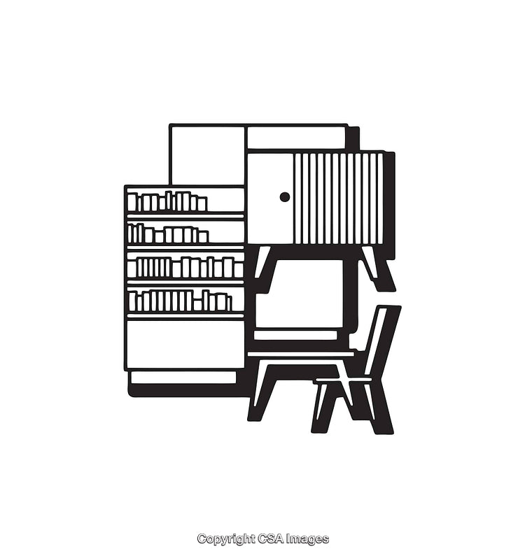 Minimalistic Line Art Illustration of a Workspace Setup with Bookshelves