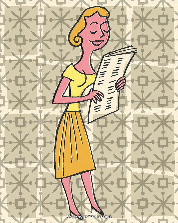 Woman Reading a Newspaper With Retro Sixities Art Style Design