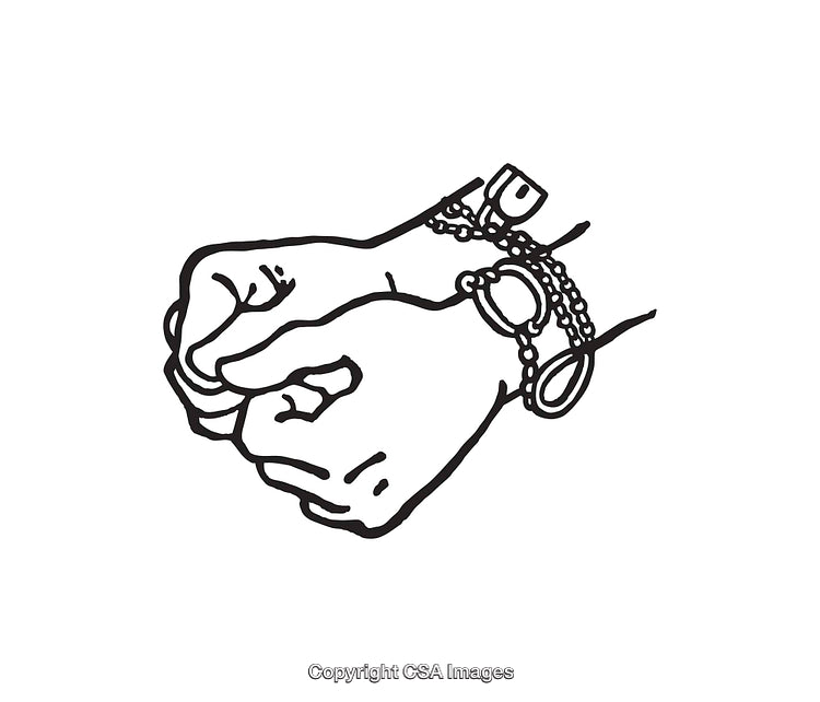 Black and White Line Art of Hands in Handcuffs