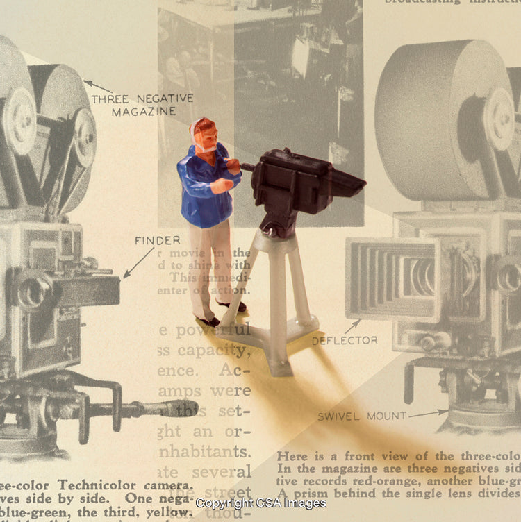 Toy Cameraman with Film Equipment Overlay and Vintage Effects