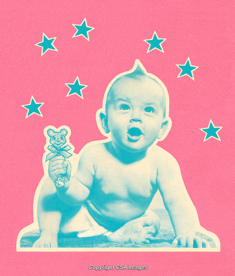 Colorful Retro Baby Artwork with Stars and Pink Background