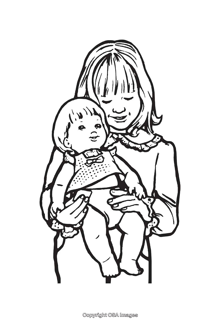 Black and White Line Art of a Girl Holding a Doll