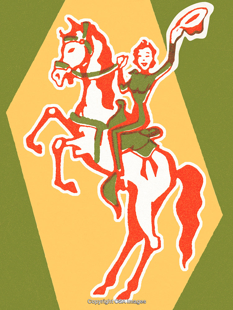 Colorful Illustration of a Rodeo Rider on Horseback Waving a Cowboy Hat
