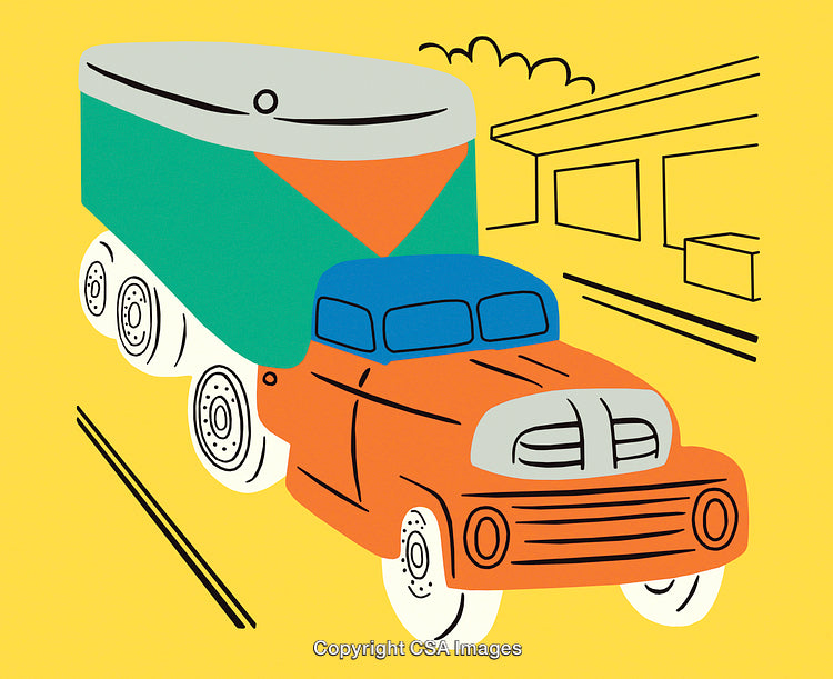Colorful Artwork of a Large Truck Driving on a Bright Yellow Background