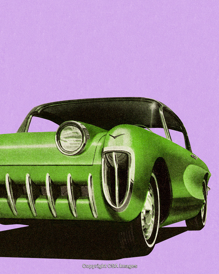 Vintage Green Classic Car Illustration on Bold Light Purple Background